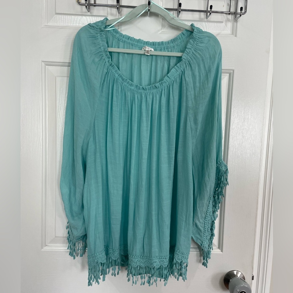 Women's XL Teal Top with Fringe Details